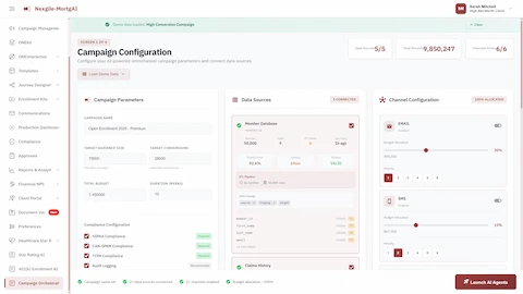 Campaign Configuration screen for data sources, channel allocation, and compliance setup.